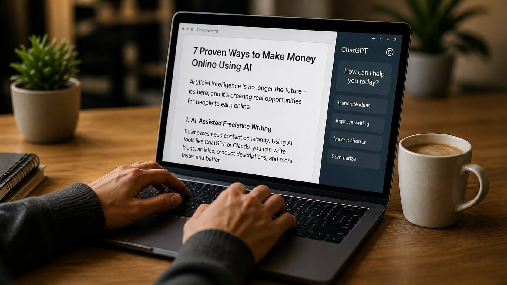Close-up of a laptop screen with writing content and AI assistant interface, person typing, coffee cup nearby, cozy workspace, focus on productivity and freelance writing, natural lighting, realistic style, shallow depth of field, 16:9