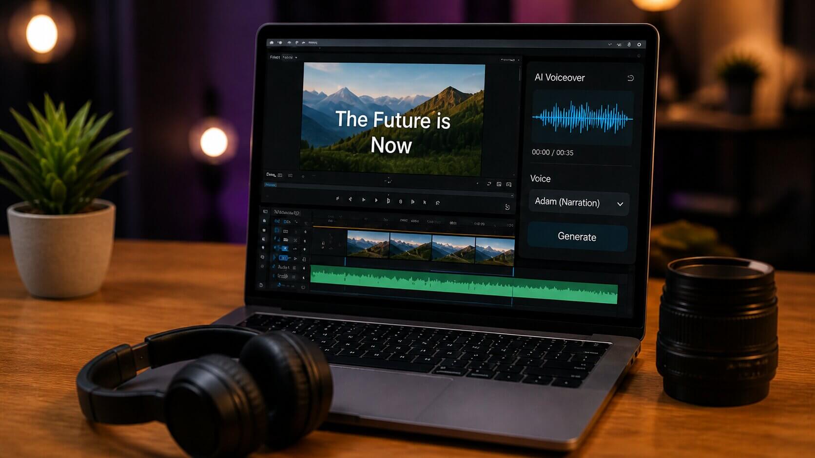 Video editing workspace with timeline on screen, AI voiceover waveform visible, content creation setup, headphones and laptop on desk, modern creator environment, cinematic lighting, realistic and detailed, 16:9