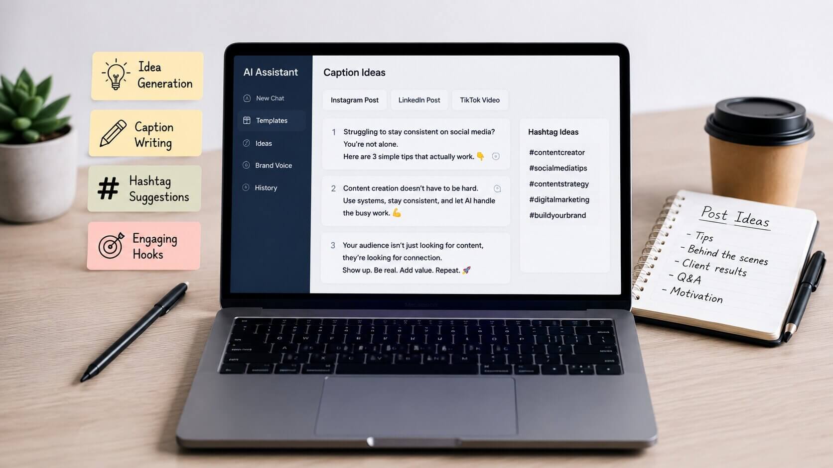 AI writing tools generating social media captions and content ideas