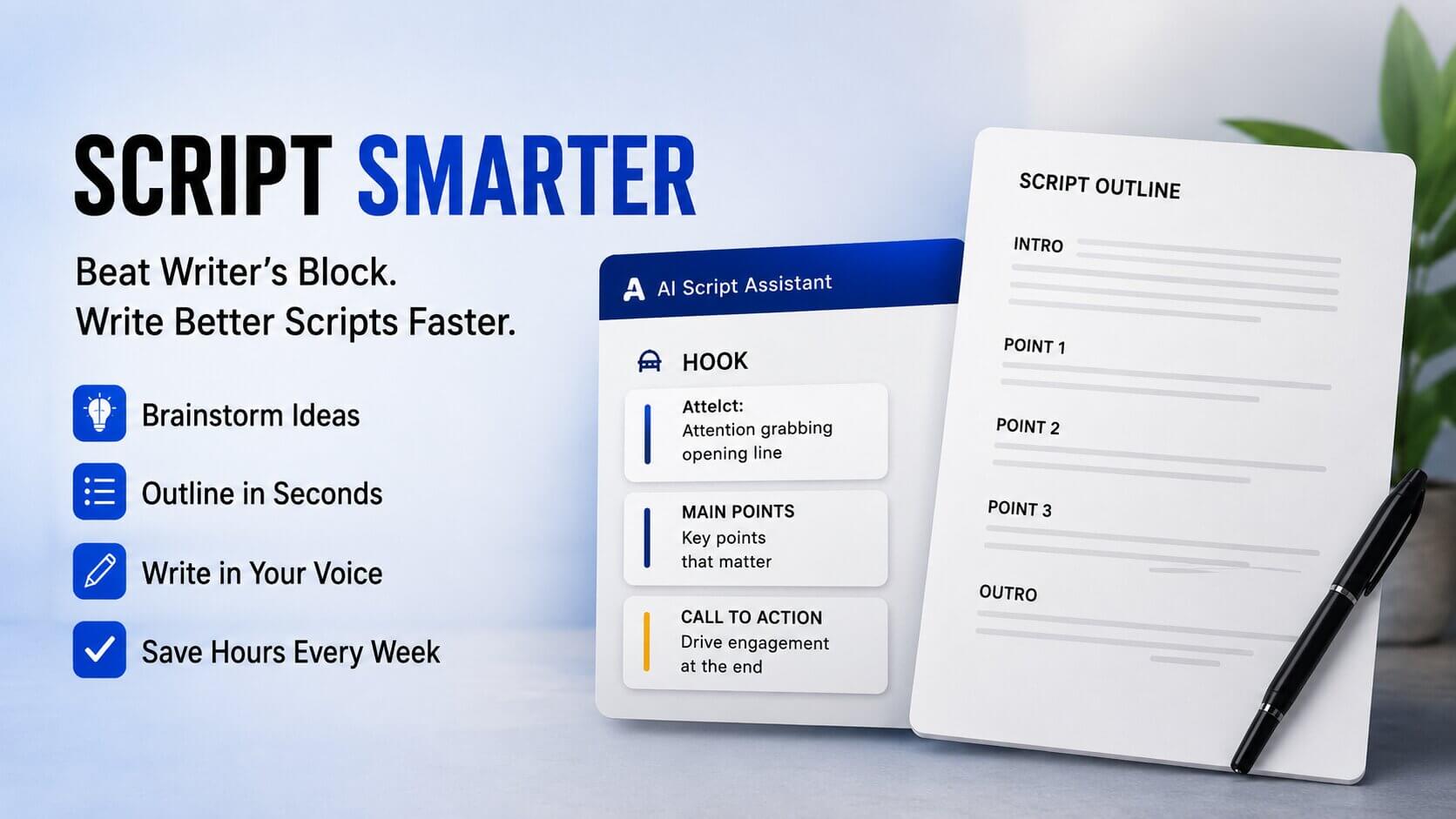 AI-powered scriptwriting assistant helping YouTubers create faster video outlines and better content ideas