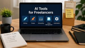 Freelancer using AI tools for writing design scheduling and client management on a modern workspace