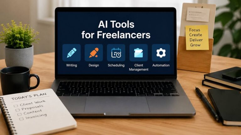 Freelancer using AI tools for writing design scheduling and client management on a modern workspace