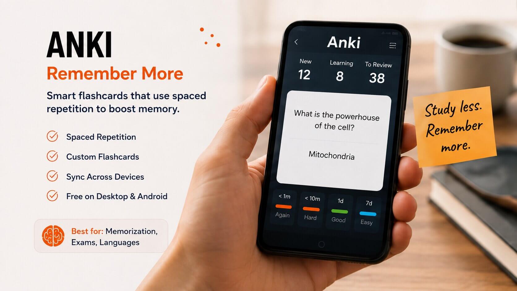 Student using Anki spaced repetition flashcards on a smartphone for exam preparation
