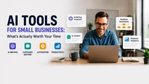 Modern small business owner using AI tools for marketing automation productivity and customer support