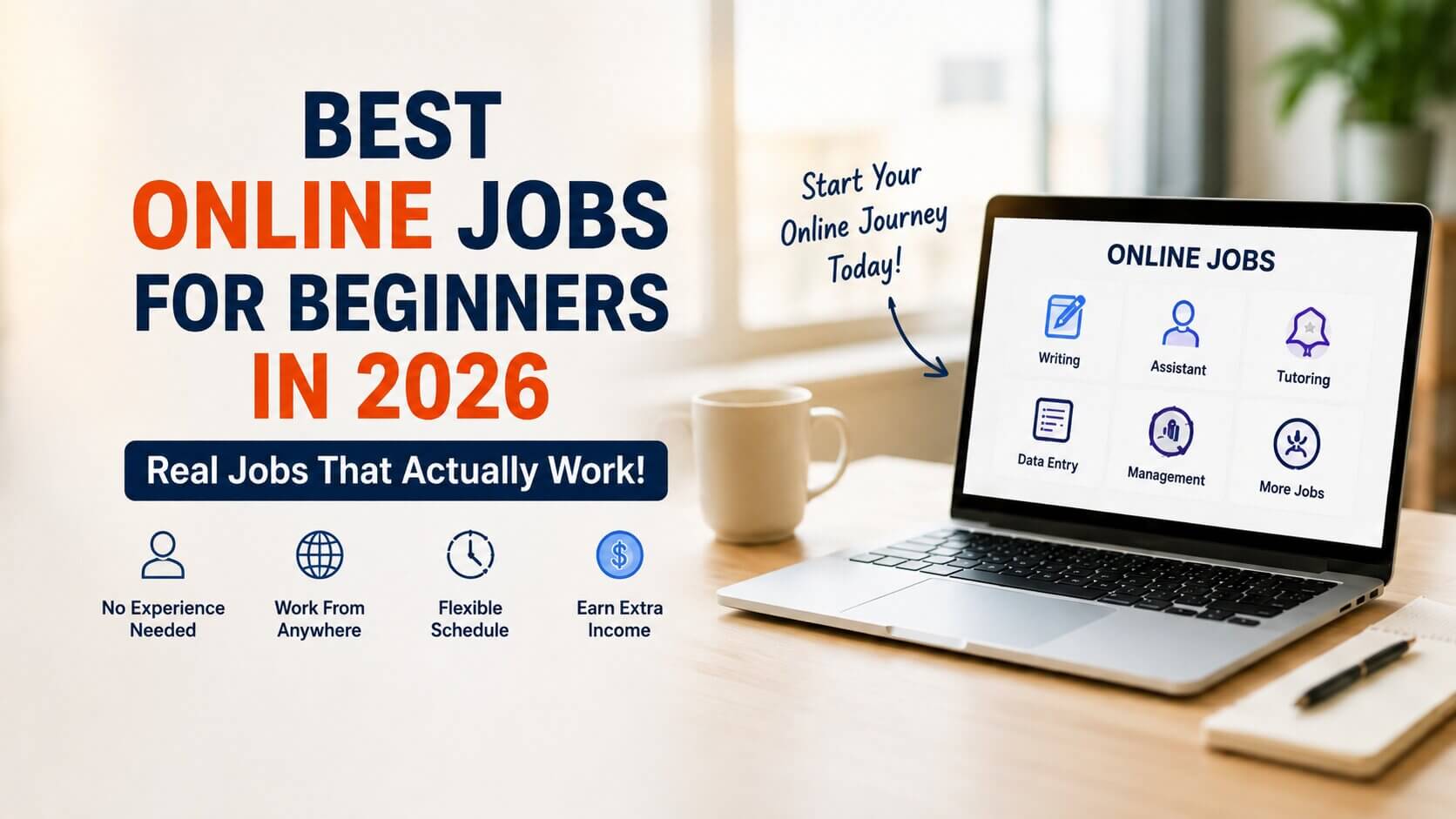 Beginner working remotely on a laptop exploring online jobs in 2026