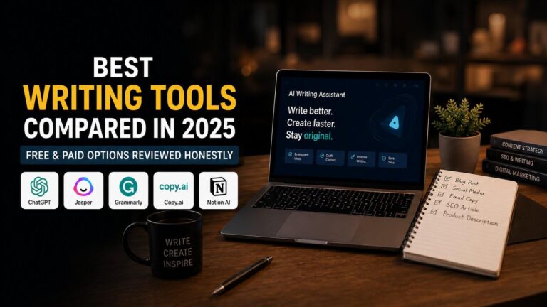 Comparison of the best writing tools in 2025 including ChatGPT, Jasper, Grammarly, Copy.ai and Notion AI