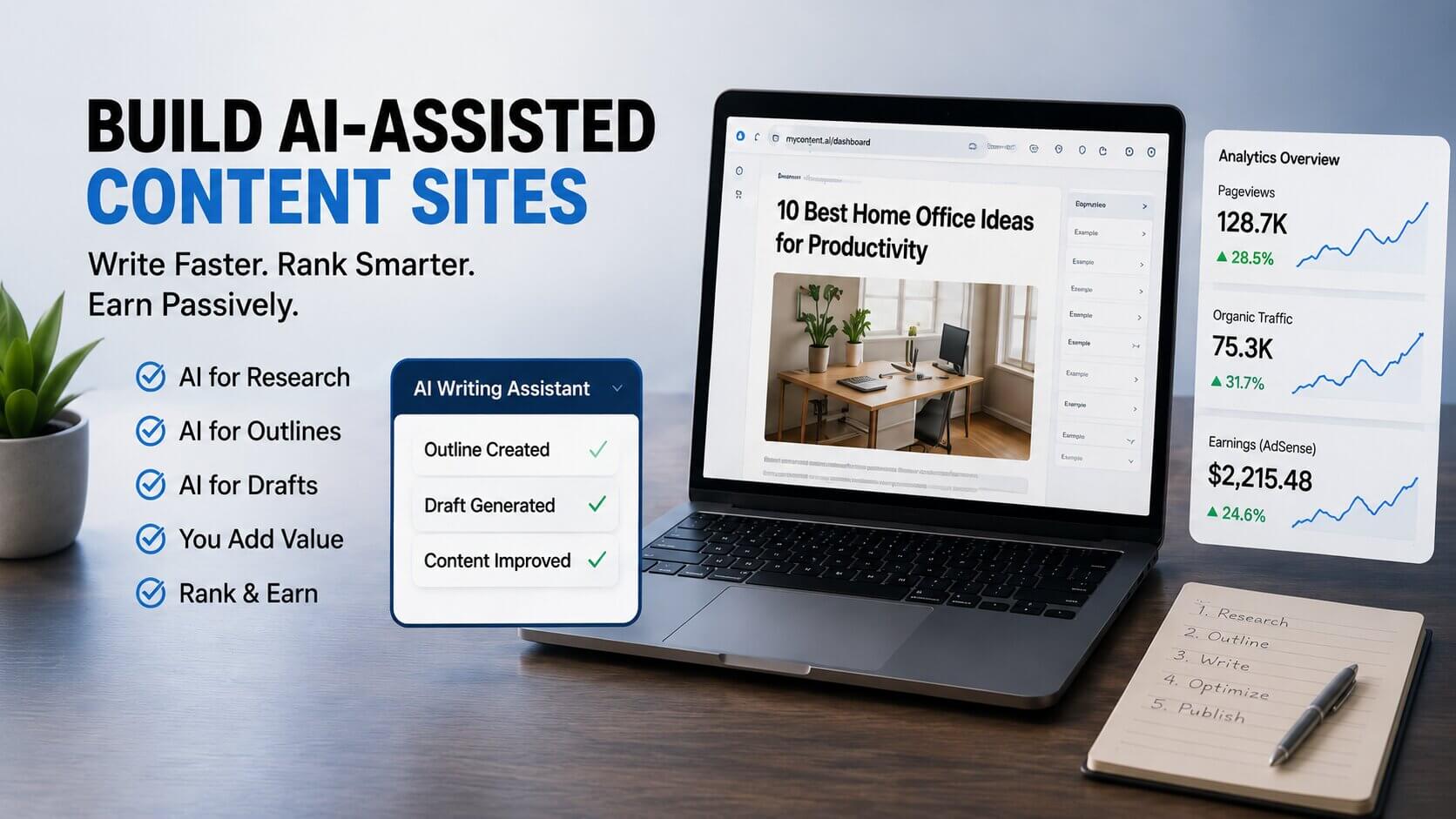 AI blogging dashboard and SEO analytics for building passive income content websites