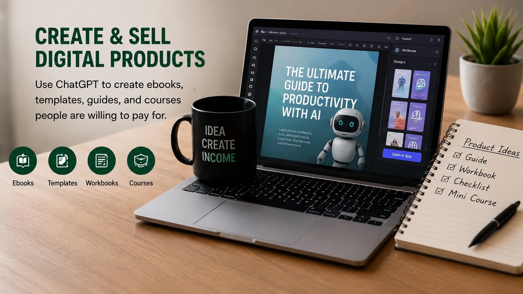 Entrepreneur creating ebooks, templates, and AI business systems using ChatGPT