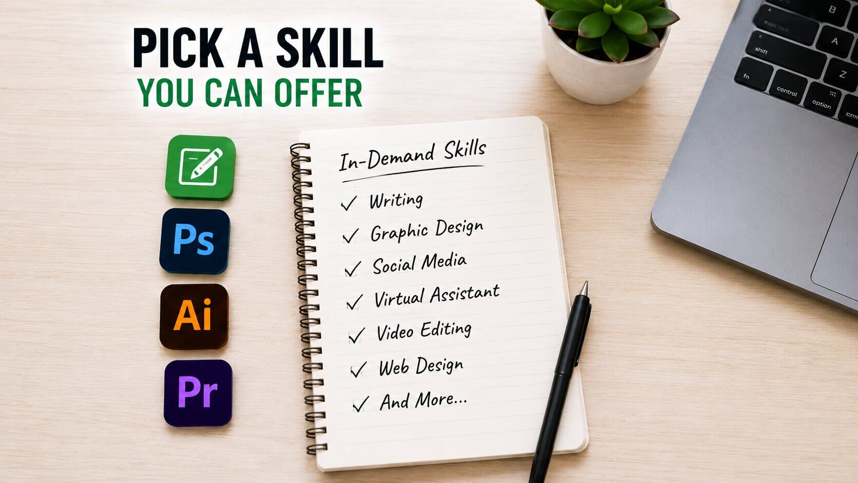 Notebook showing popular freelance skills including writing, graphic design, social media, virtual assistance, and video editing