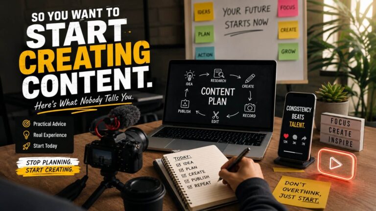 Beginner content creator planning social media content strategy on laptop and smartphone