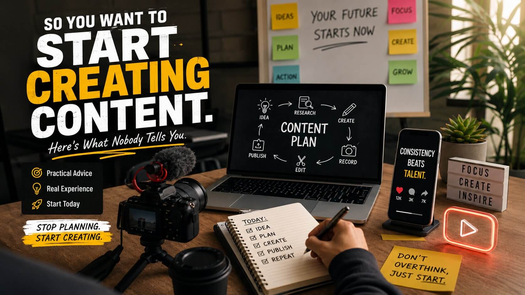 Beginner content creator planning social media content strategy on laptop and smartphone