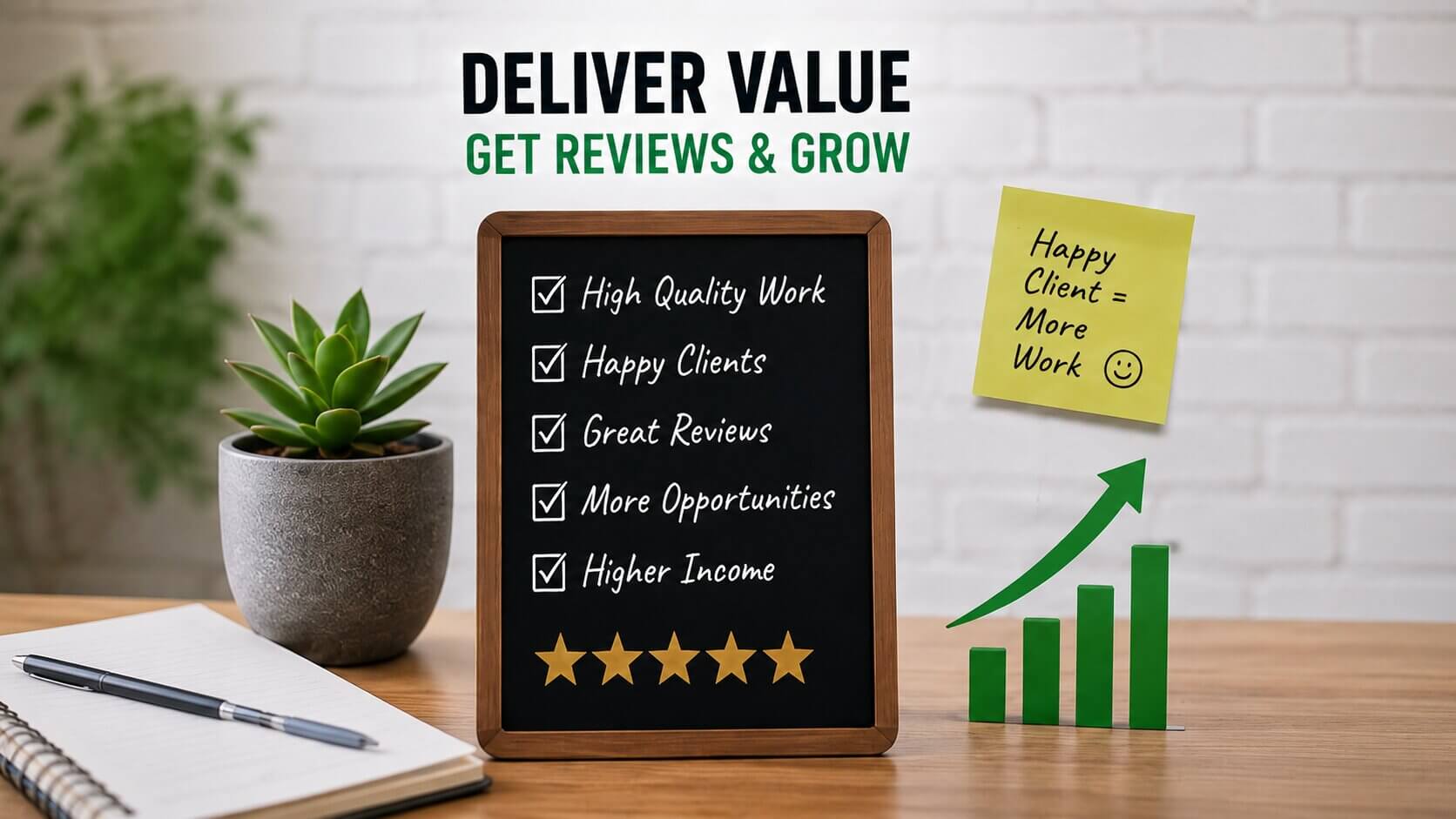 Checklist showing happy clients, positive reviews, and growing freelance income