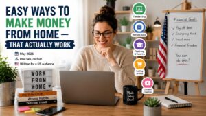Person working from home on a laptop with multiple online income ideas around them in a modern home office