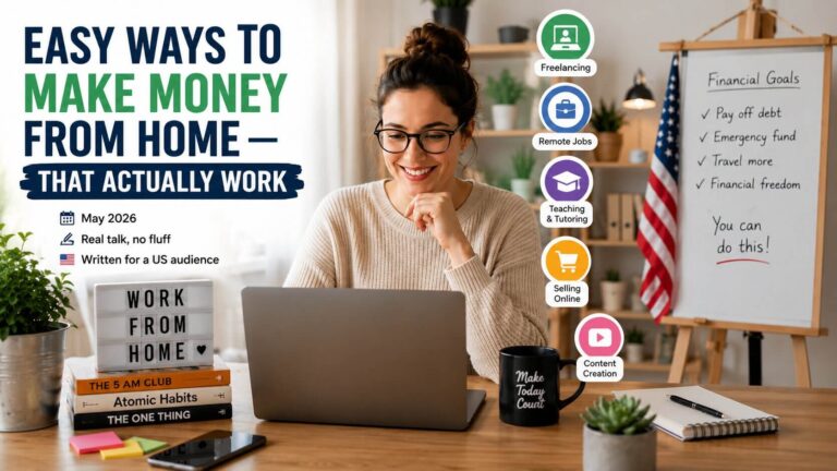 Person working from home on a laptop with multiple online income ideas around them in a modern home office