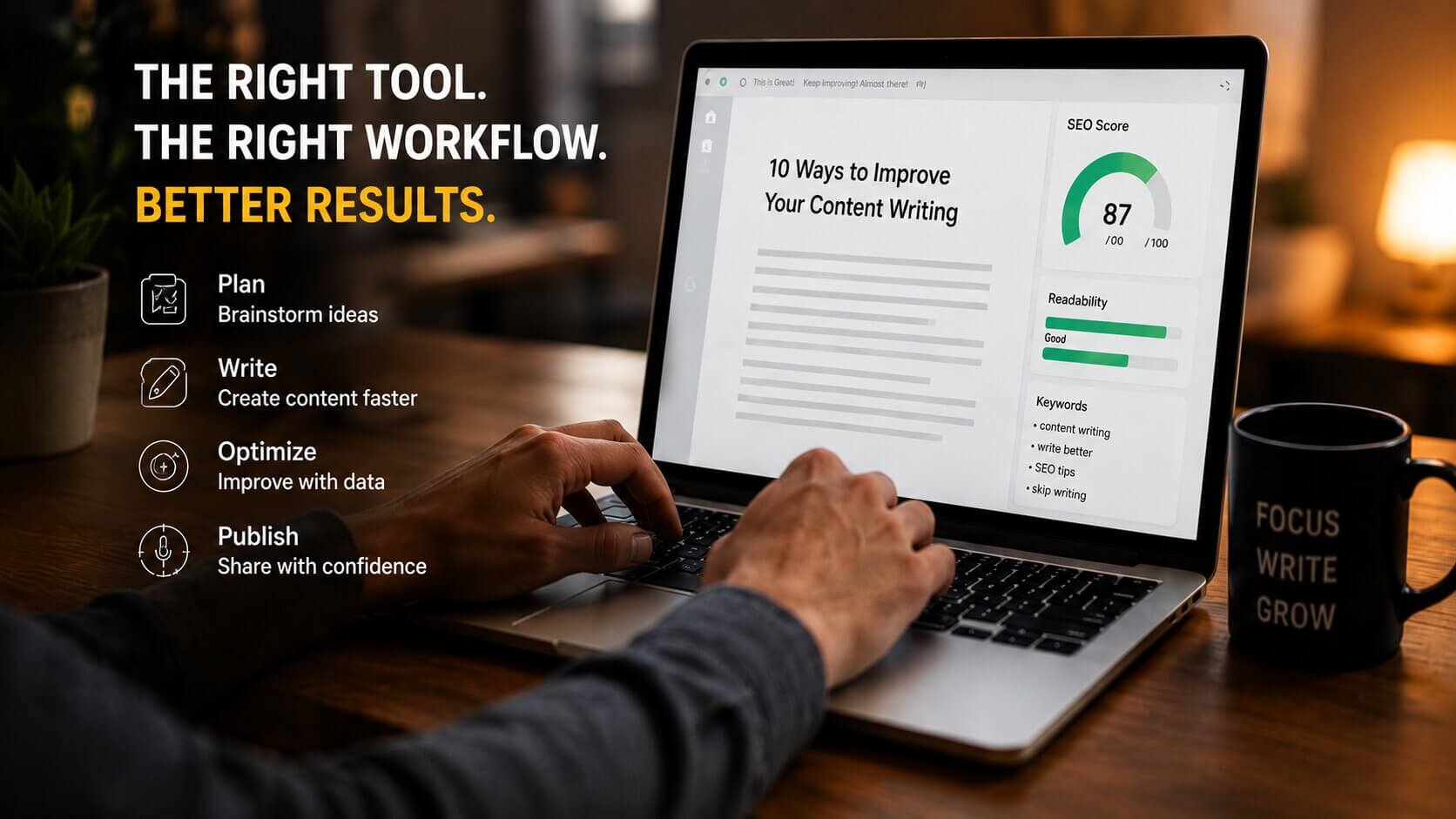 Freelancer using AI writing tools and SEO optimization software to create blog content faster