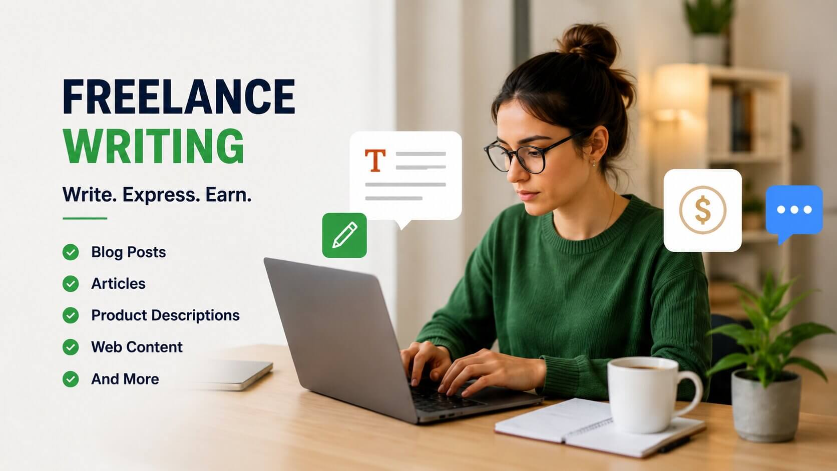 Freelance writer creating blog content on a laptop for online clients