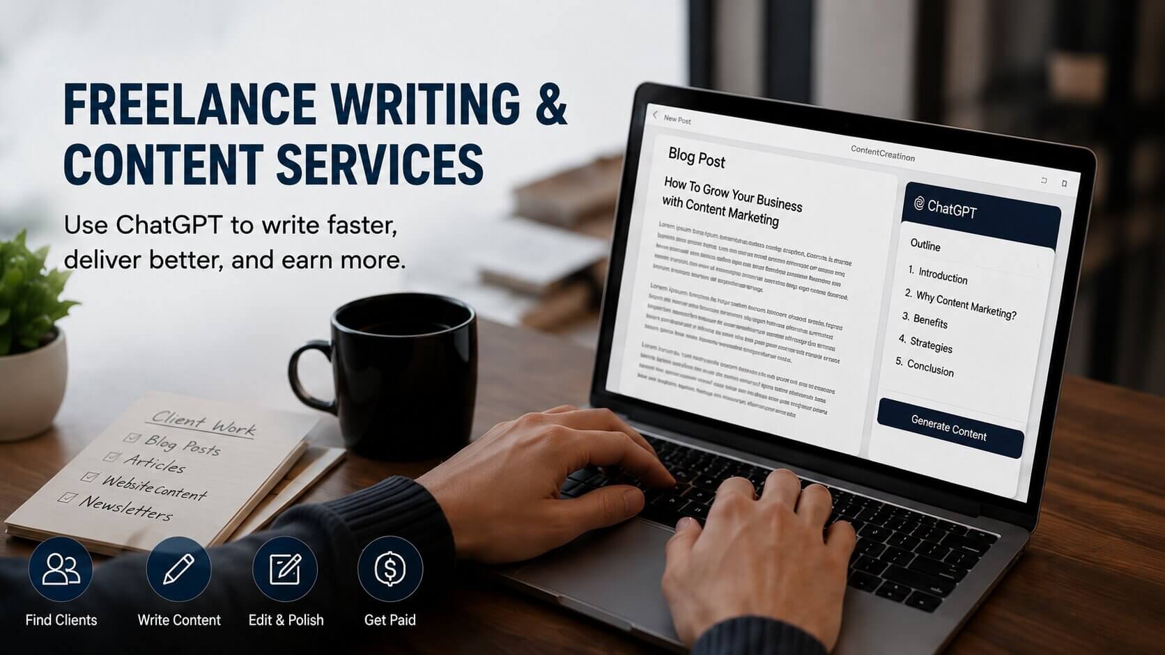 Freelance writer using ChatGPT to create blog posts and content for clients
