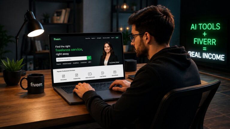 Beginner freelancer using AI tools to make money on Fiverr in a modern home office