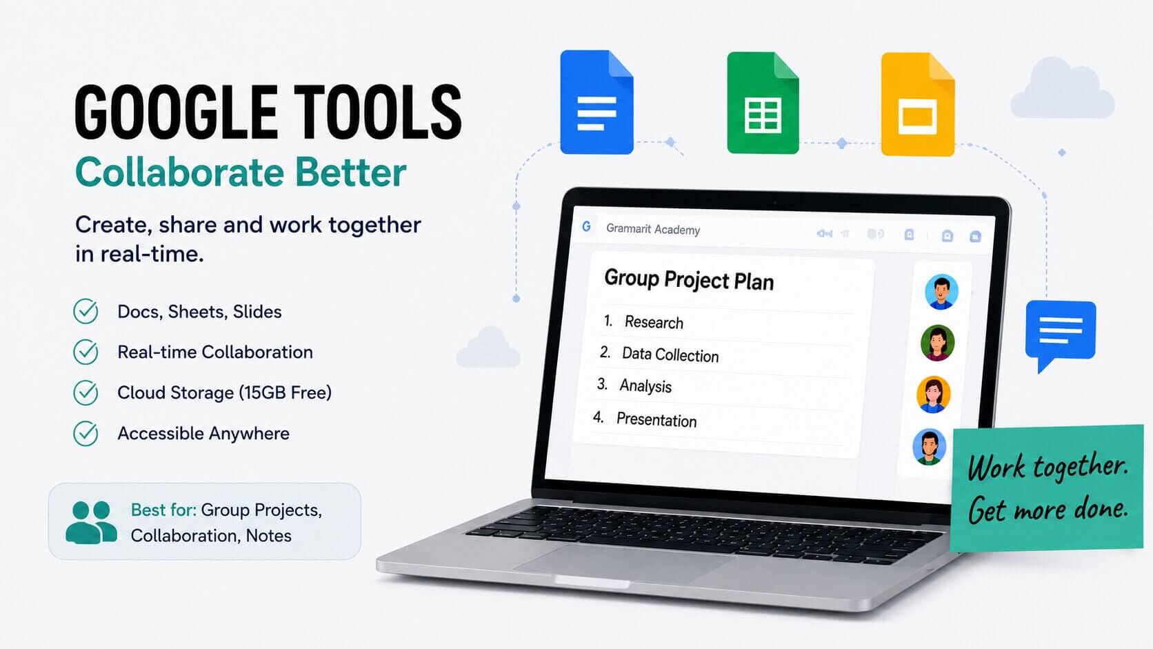 Students collaborating online using Google Docs, Sheets, and Slides for group projects