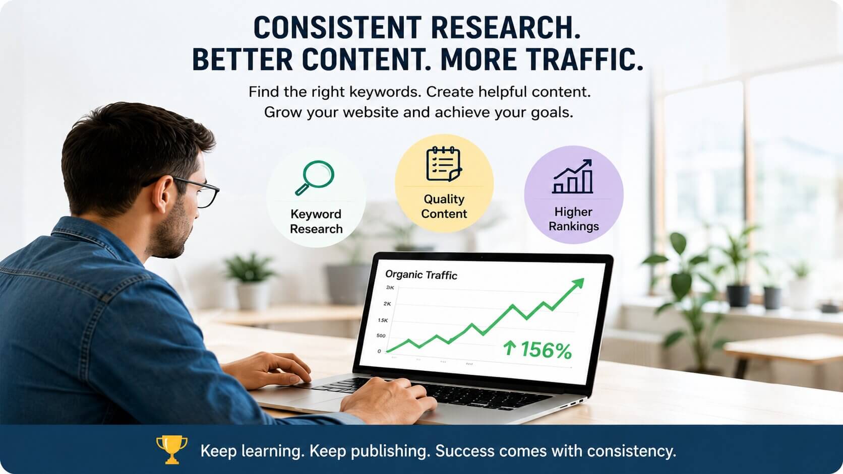 Beginner blogger growing organic traffic using keyword research and SEO