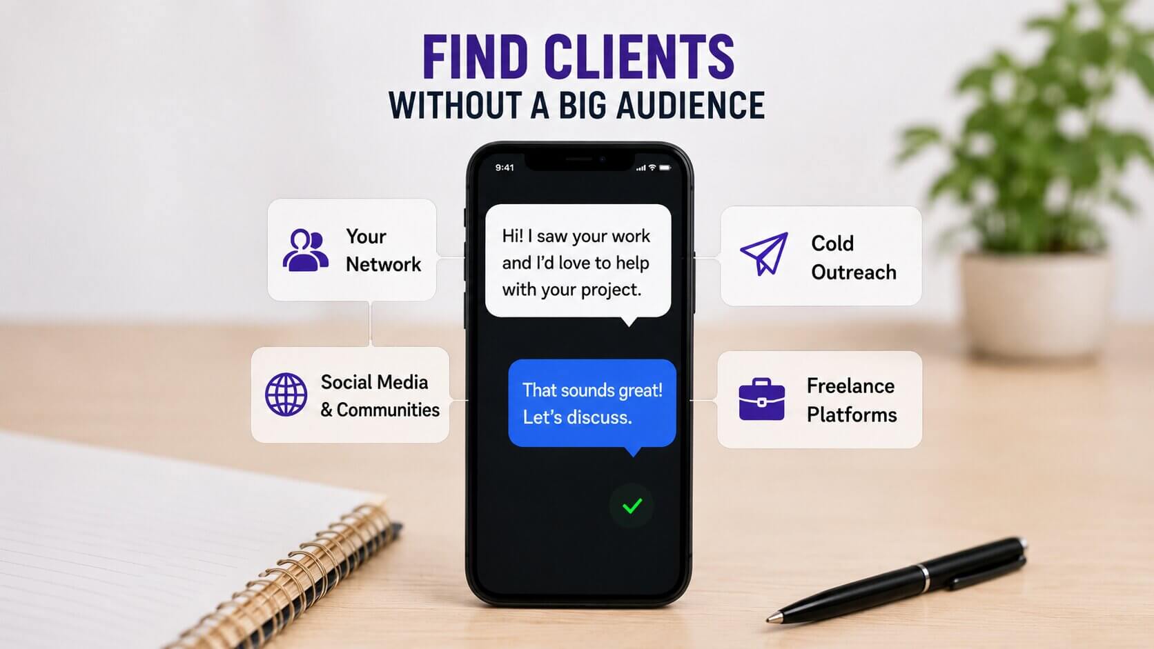 Mobile phone displaying freelance outreach messages and client-finding methods