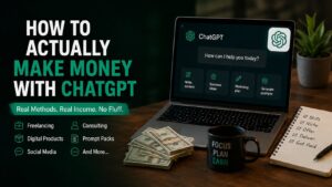 Person using ChatGPT on laptop to build online income streams and freelance services