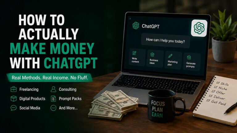 Person using ChatGPT on laptop to build online income streams and freelance services