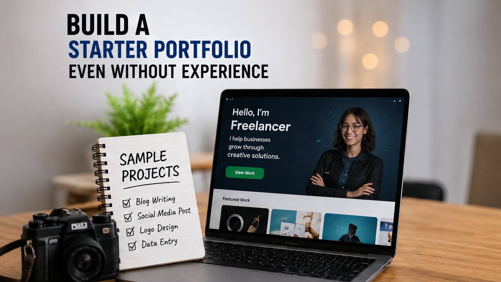 Laptop displaying a beginner freelance portfolio with sample projects and work examples