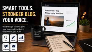 Blogger using smart blogging tools to grow website traffic and create SEO content