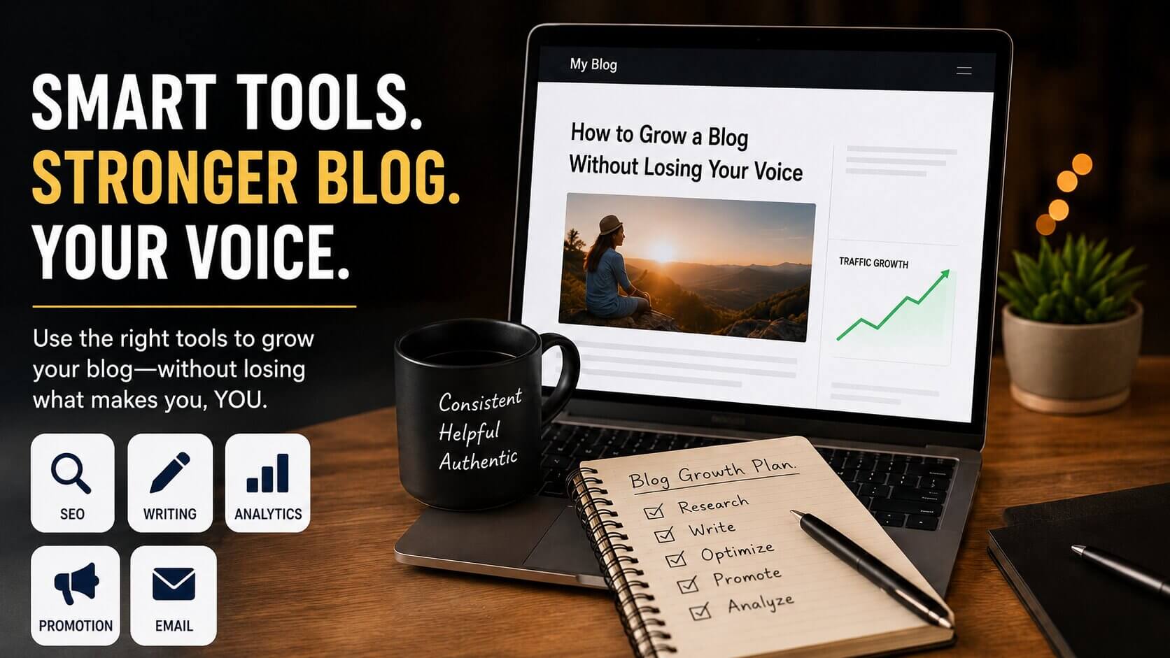 Blogger using smart blogging tools to grow website traffic and create SEO content