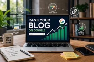 Blogger improving Google rankings with SEO strategy and keyword research on laptop
