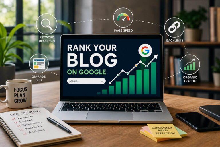 Blogger improving Google rankings with SEO strategy and keyword research on laptop