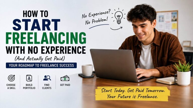 Beginner freelancer working on a laptop with steps for starting freelancing with no experience and getting paid