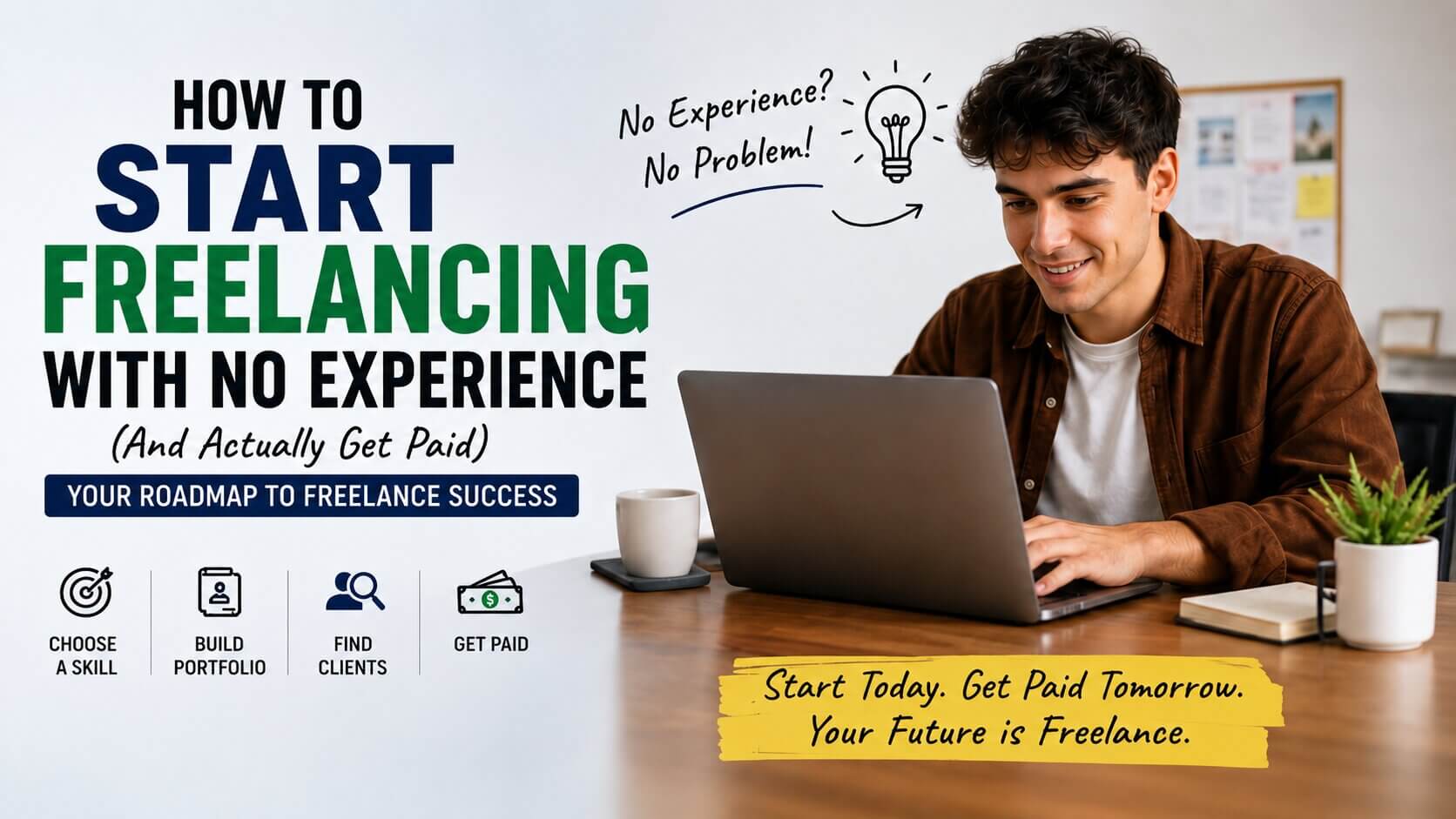 Beginner freelancer working on a laptop with steps for starting freelancing with no experience and getting paid
