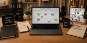 Content creator working at a desk with a content calendar and creative workflow planning system