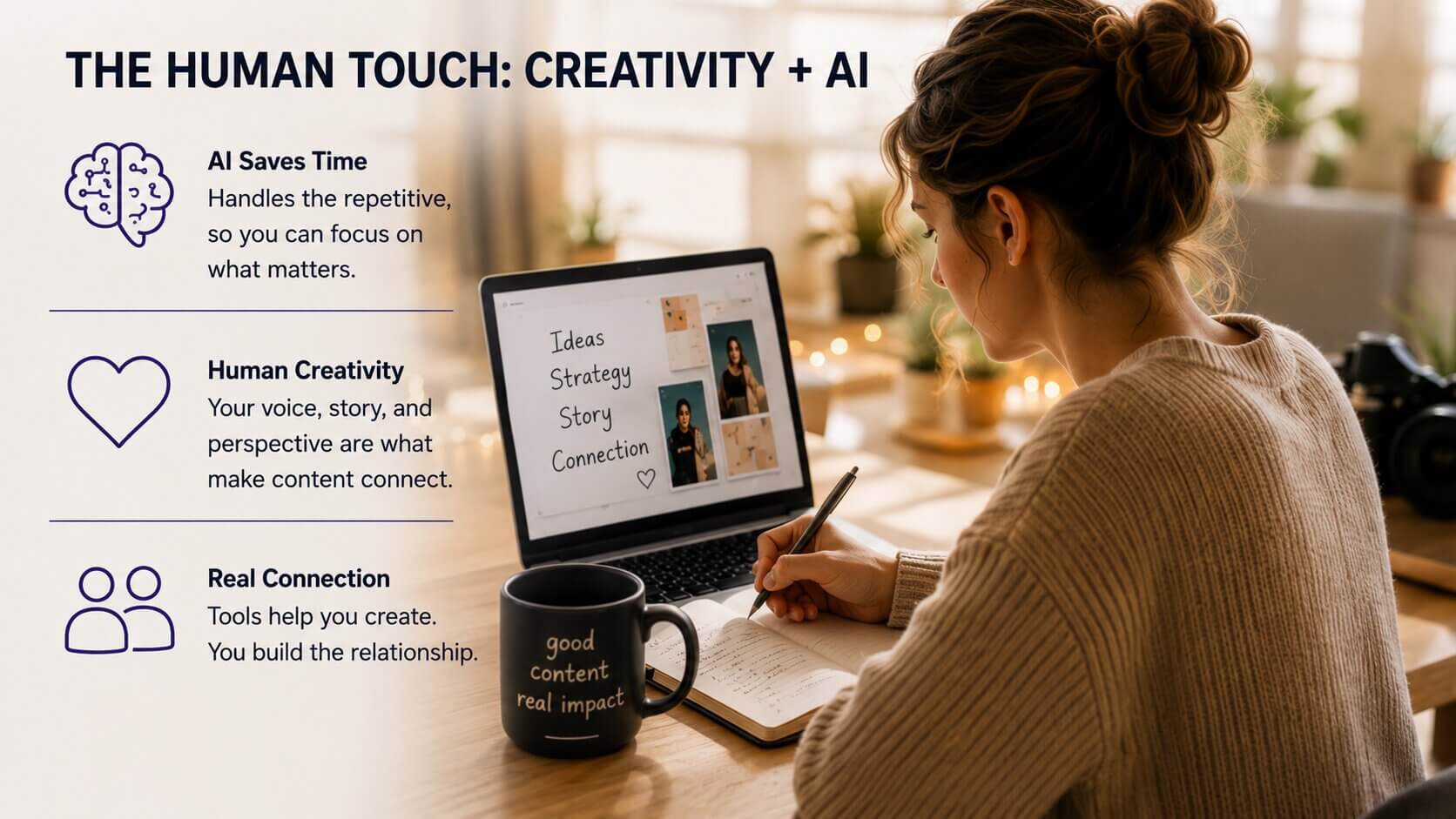 Content creator balancing AI tools with human creativity for social media content