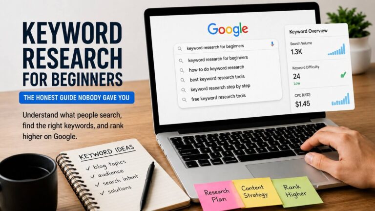 Beginner learning keyword research for SEO using Google search and analytics tools
