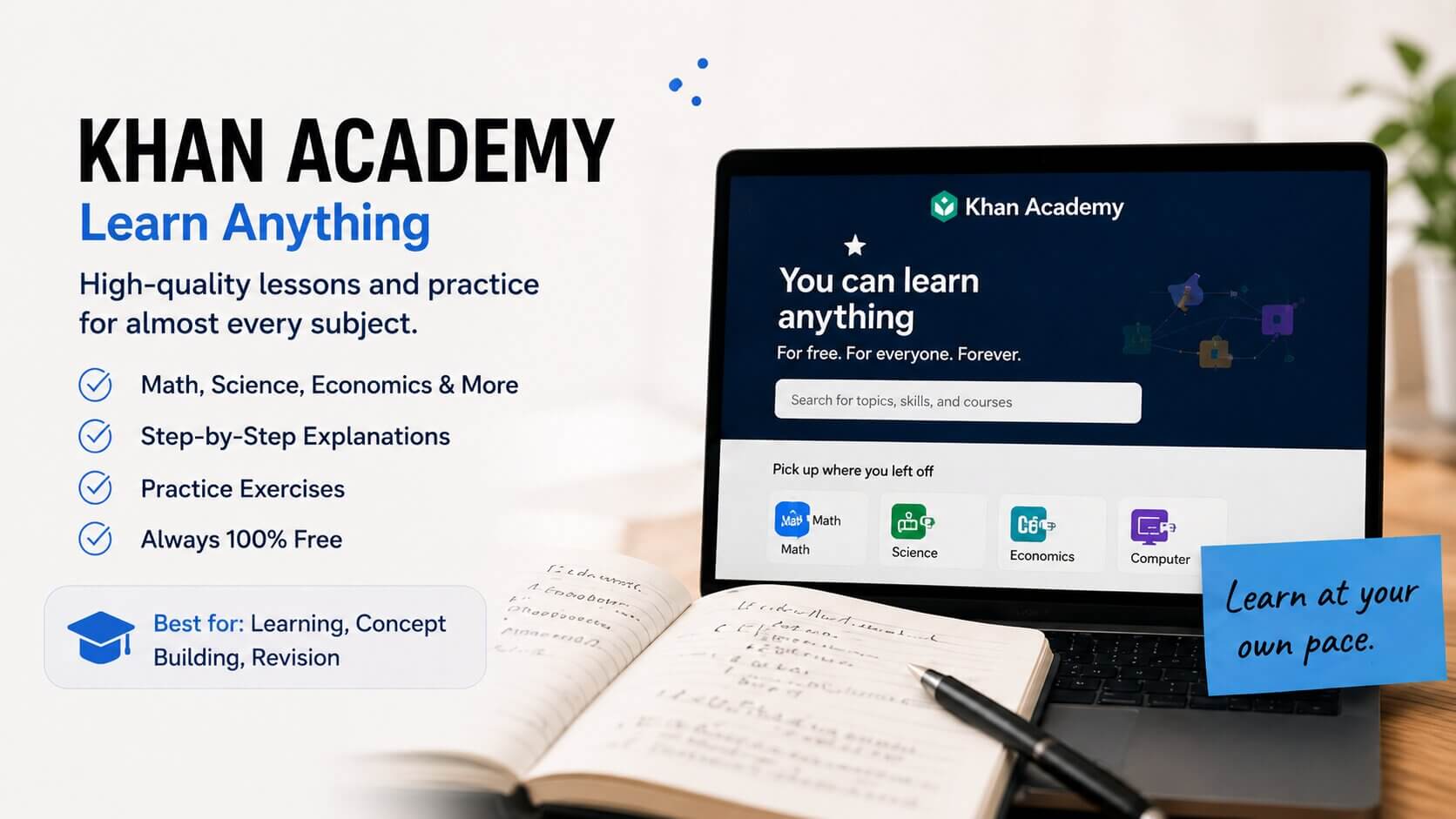 Student using Khan Academy online courses and educational lessons on a laptop