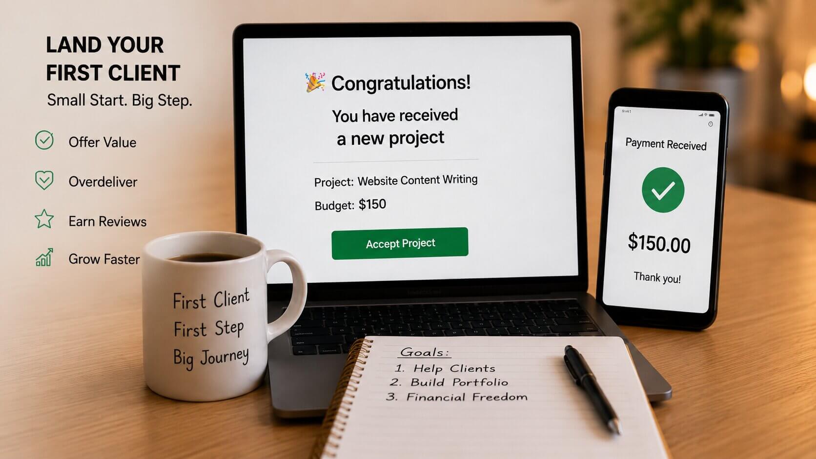 New freelancer receiving first online freelance project notification
