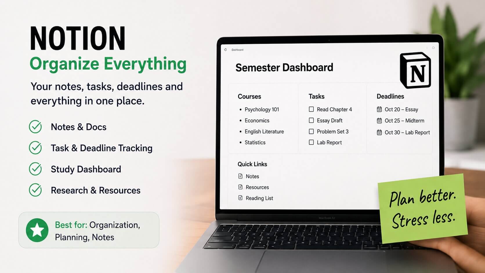 Student using Notion to organize assignments, notes, deadlines, and study schedules