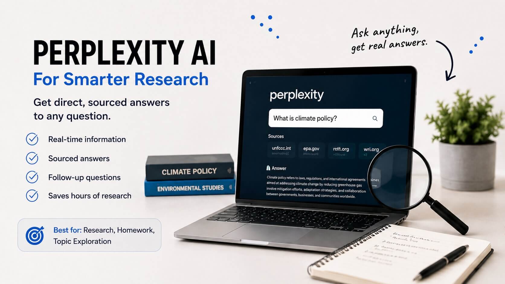Student using Perplexity AI on a laptop for research, homework, and study assistance