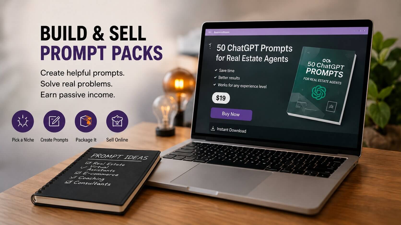 Digital creator designing ChatGPT prompt packs and selling digital products online