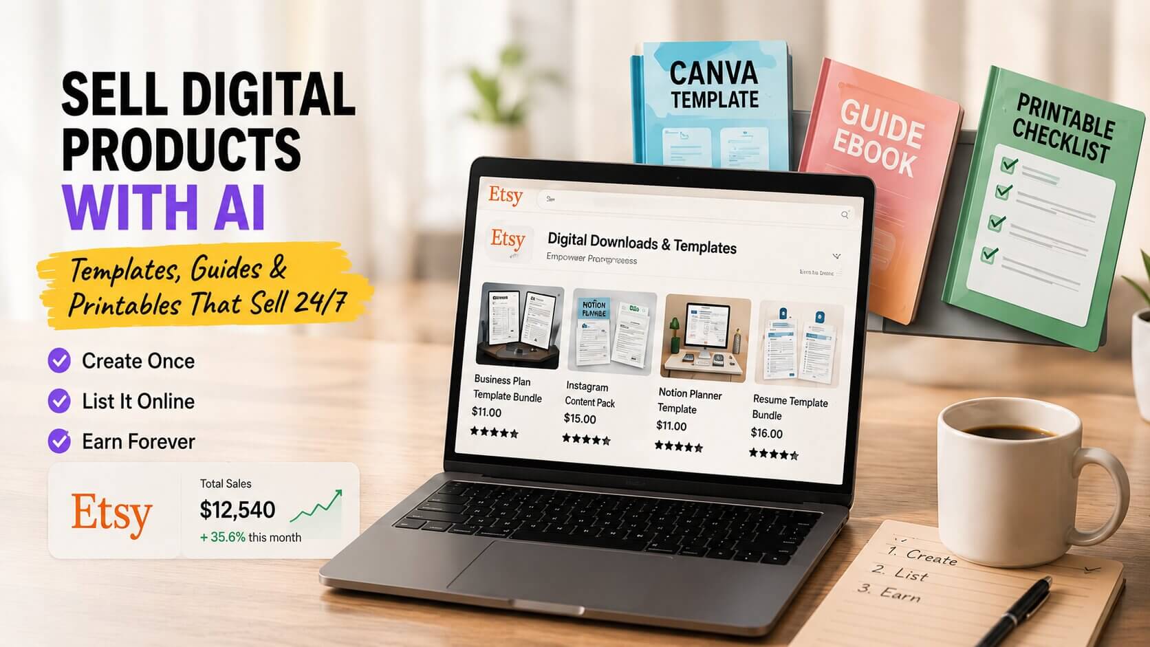 Laptop displaying Etsy digital products and Canva templates for passive income using AI tools