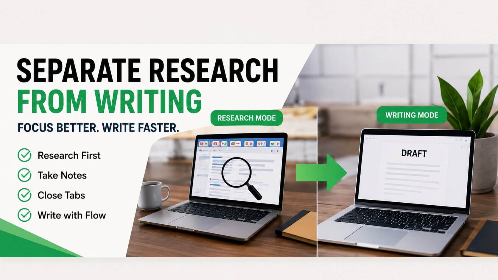 Research mode and writing mode workflow for faster blog article creation