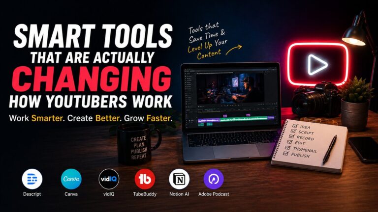 Workspace setup showing AI tools and productivity software used by modern YouTubers for editing, scripting, thumbnails, and video creation