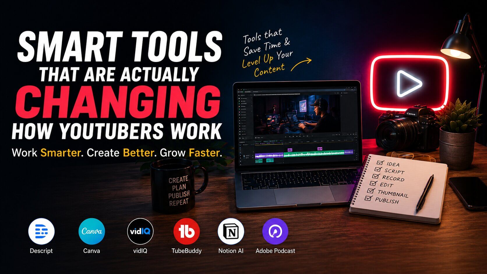 Workspace setup showing AI tools and productivity software used by modern YouTubers for editing, scripting, thumbnails, and video creation