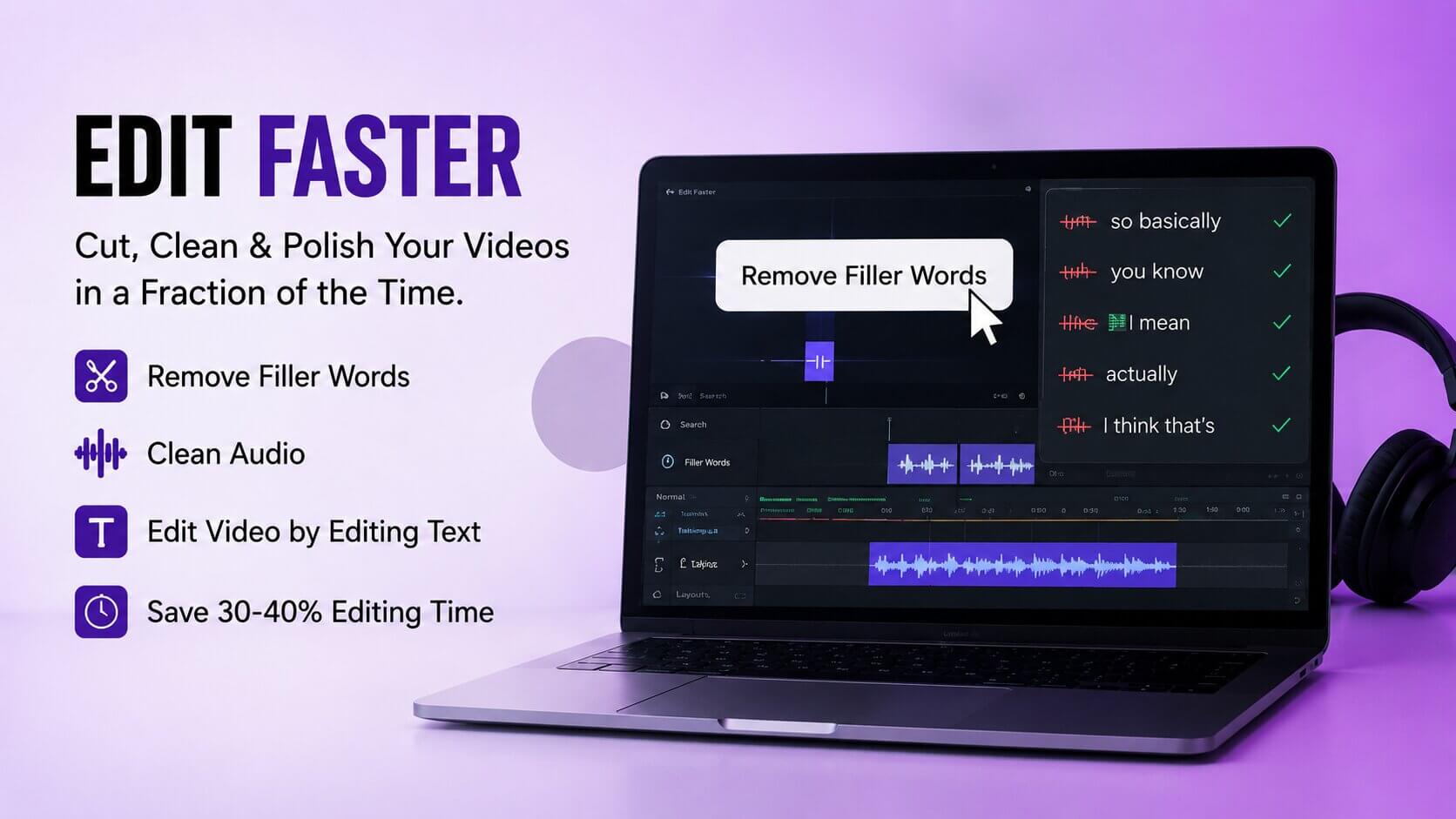 Video editing software automatically removing filler words and speeding up YouTube editing workflow