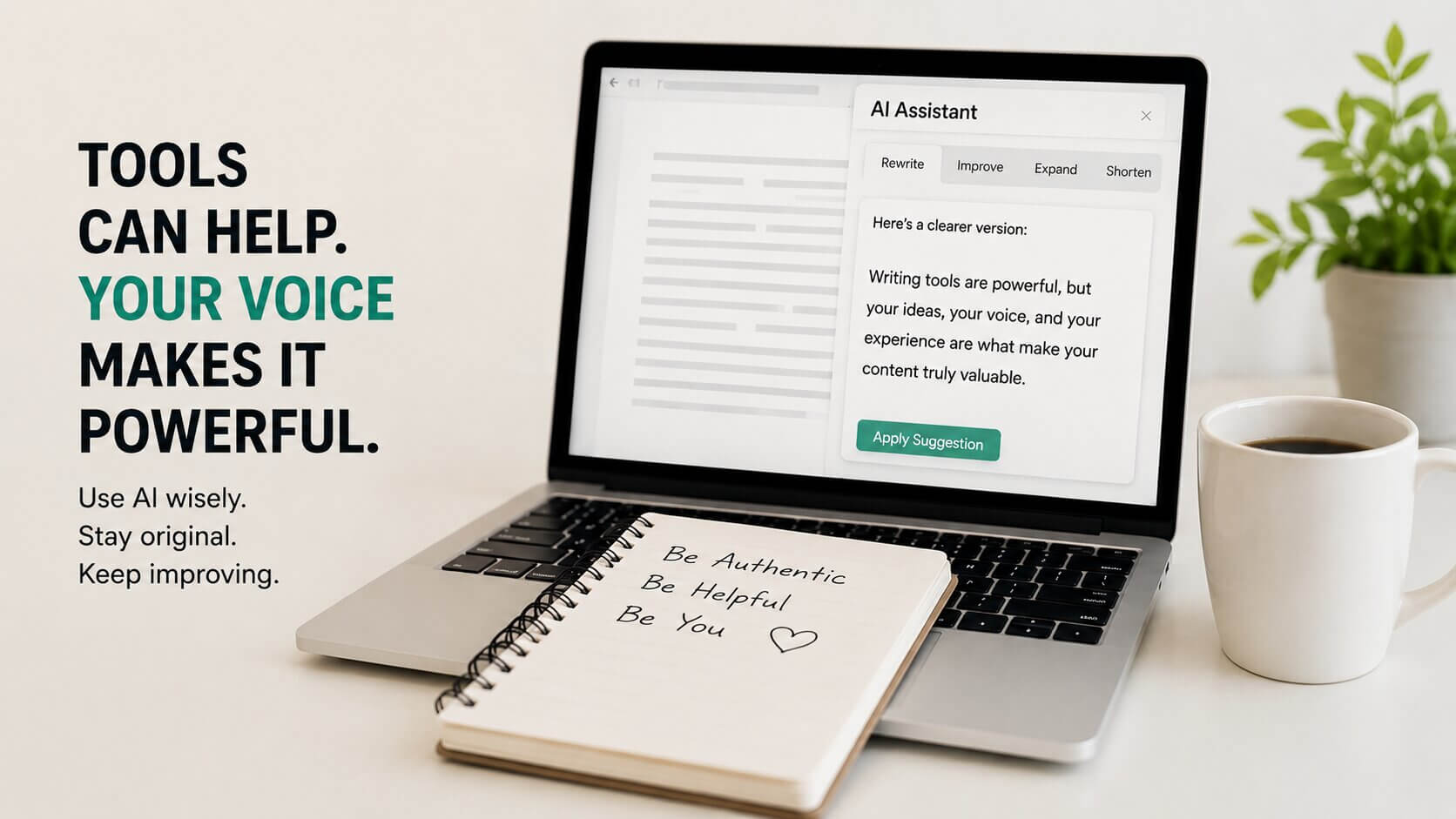 Content creator editing article with AI writing assistant while maintaining authentic human writing style