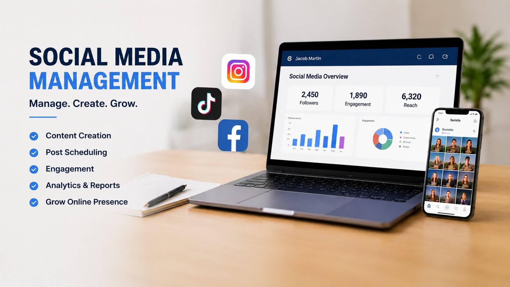 Social media manager scheduling content and analyzing engagement online