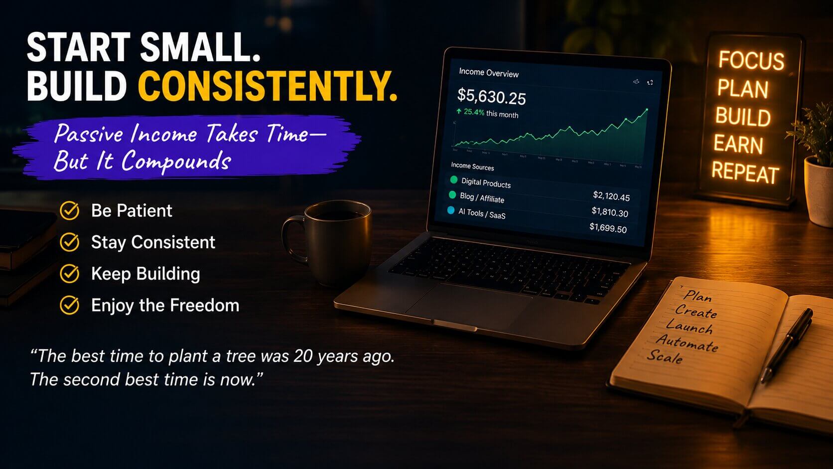 Night workspace with laptop and passive income charts showing long-term AI business growth